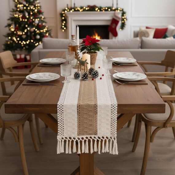 Boho Crochet Table Runner With Fringe, Macrame Style Beige Runner, Rustic Farmhouse Decor for Dining or Weddings, Housewarming Gift Idea