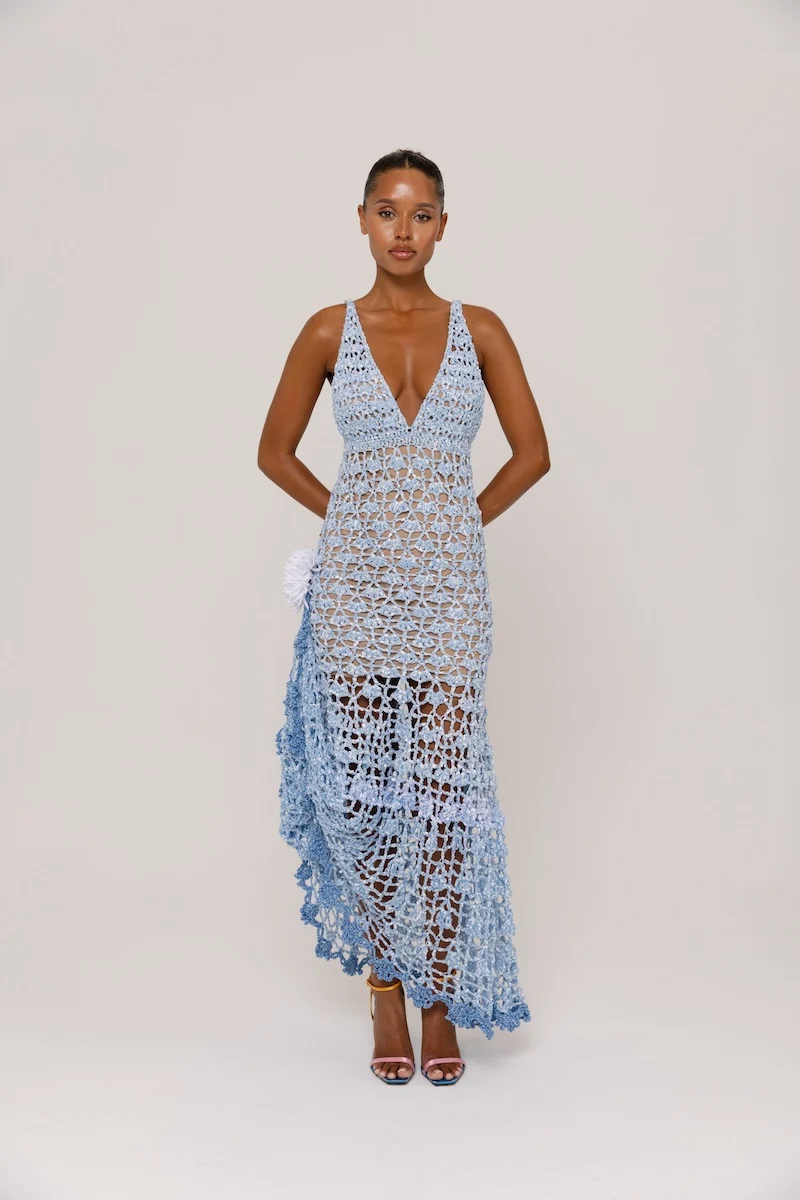 METALLIC IRIS HANDMADE CROCHET DRESS - Metallic Blue / XS
