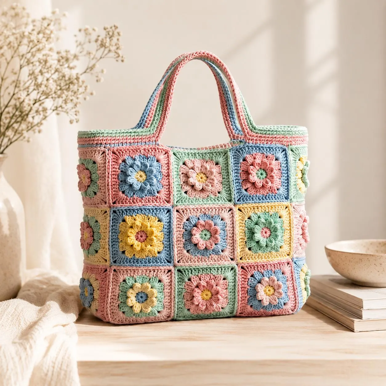 Handmade pastel crochet tote bag with 3D flower granny squares in pink, blue, yellow and green — artisan floral crochet purse on wooden shelf with dried flowers