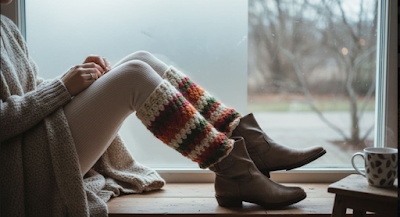 Cozy fall outfit with handmade crochet leg warmers, white tights, ankle boots, and knit cardigan by a frosty window. Hygge lifestyle photography.