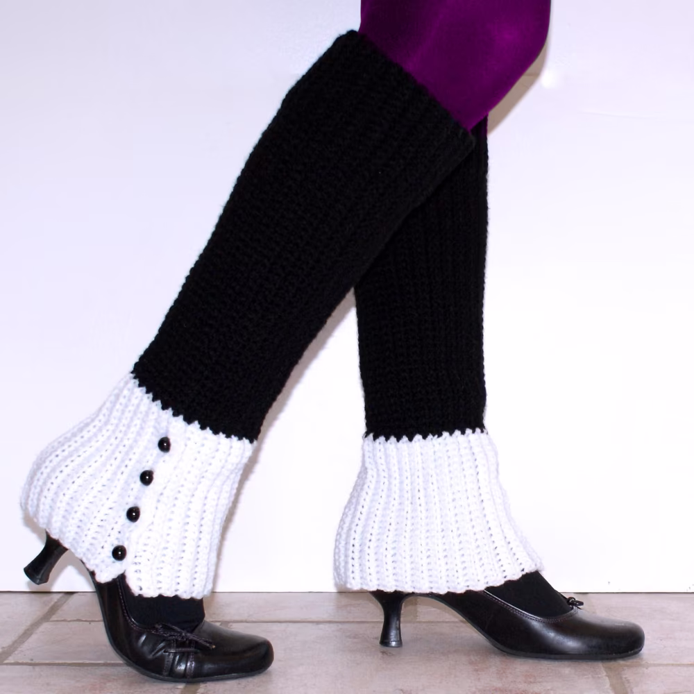 Dowager Faux Spats Leg Warmers - white crochet spats with black buttons over black pants and heels