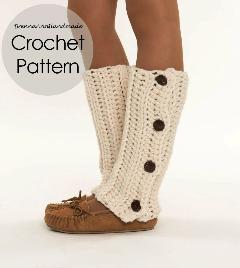 Chunky button-up crochet leg warmers in cream with brown buttons