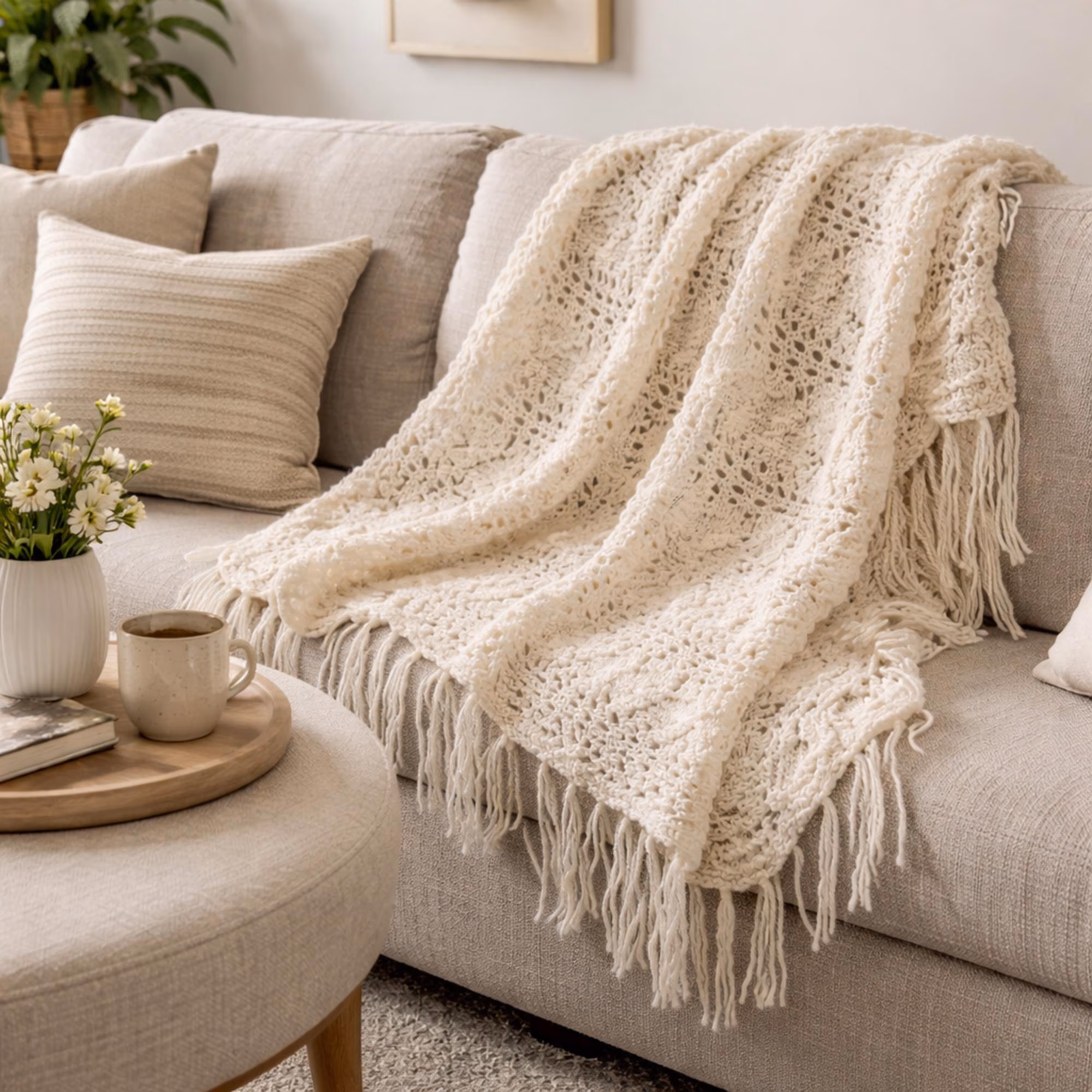 Vintage Handmade Cream Afghan – Neutral Crochet Throw Blanket – Elegant  Cottage Decor – Textured Ivory Sofa Throw
