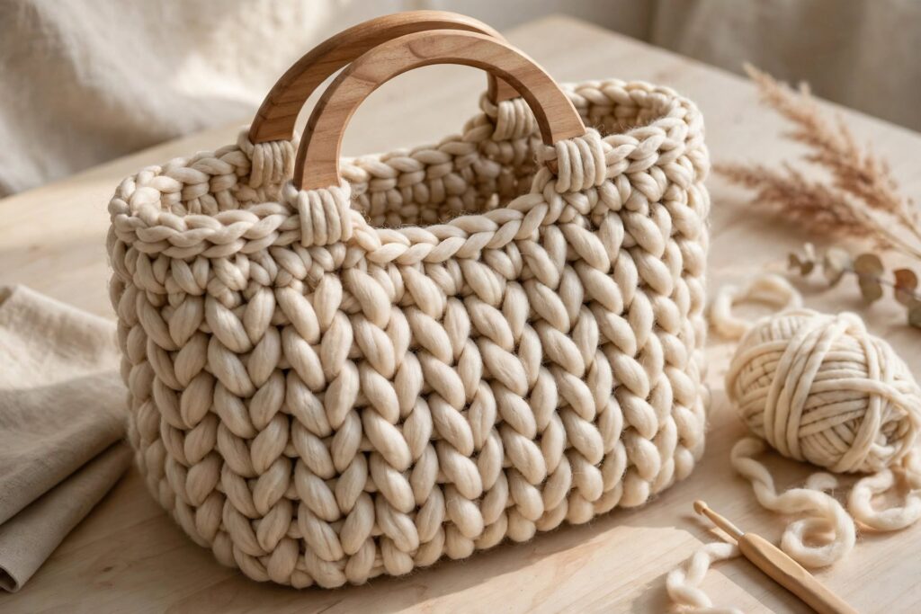 handmade crochet tote bag with wooden handles - wool and hook pattern