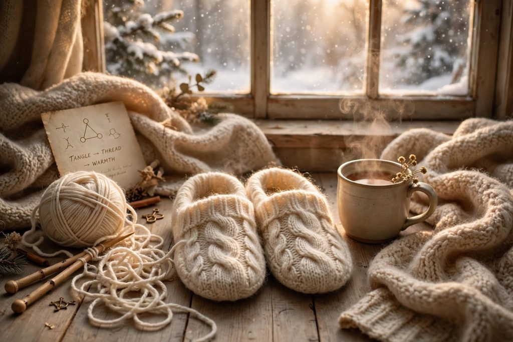 knitted slippers cream cable knit with ball of yarn two knitting needles mug of tea winter window tangle to warmth alchemy cozy