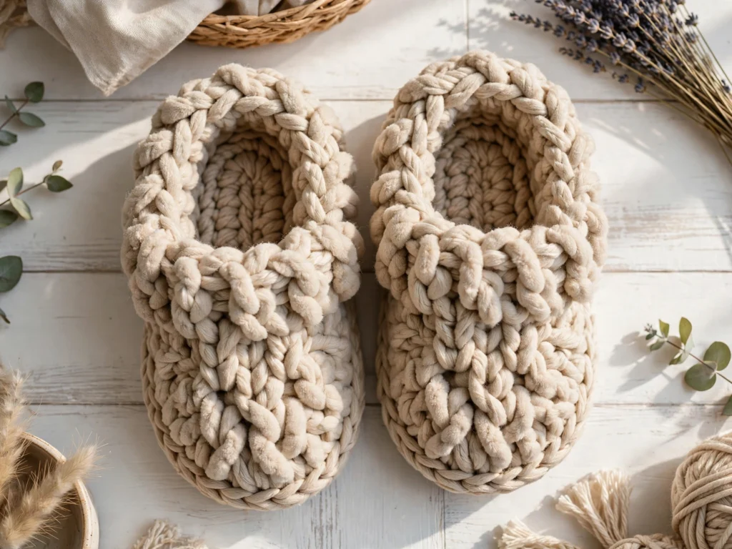 Chunky crochet slippers in oatmeal color on white wooden floor cozy and inviting