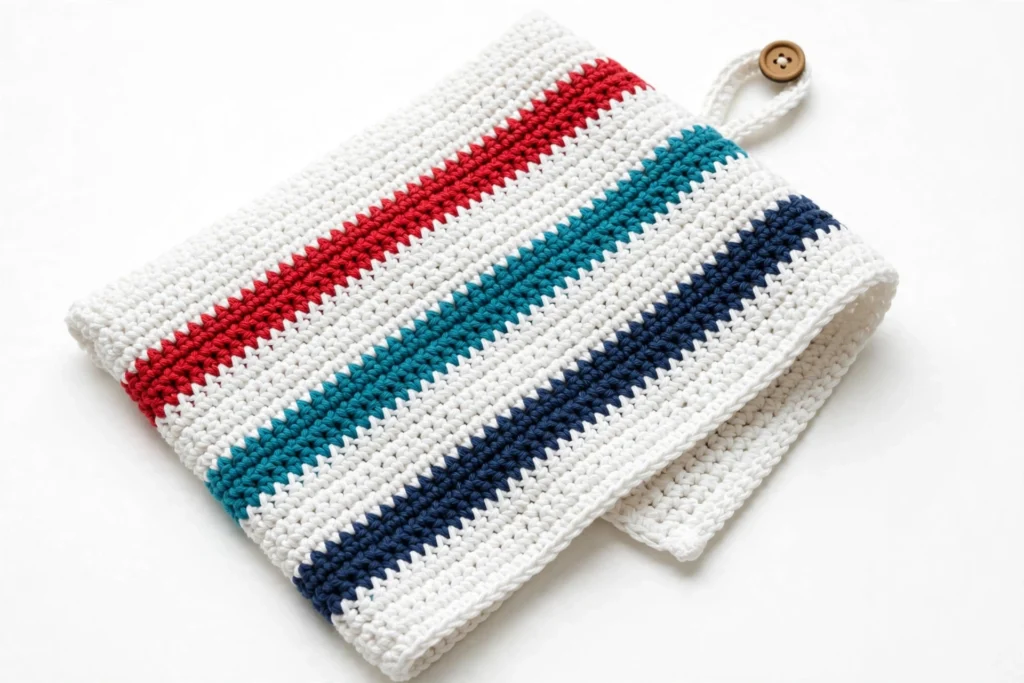 Colorful crochet dishcloths and hand towels in wicker basket on kitchen counter — handmade cotton kitchen linens in green, yellow, blue and striped patterns