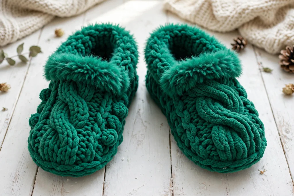 Hand-knit white and brown cable-knit house slippers on wooden stairs — cozy chunky wool booties with folded cuff