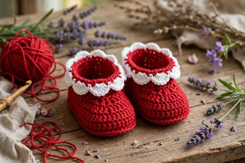 Two handmade crochet slipper styles on wooden table — rainbow granny square slippers and textured blue-gray cable knit slippers with yarn balls