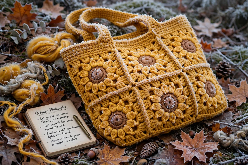 Cream crochet mesh market bag with open holes casting lace shadows on table — minimalist fall bag with sundial and autumn leaves