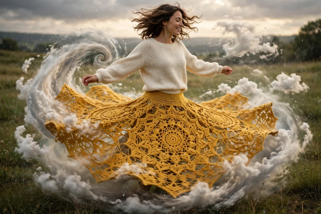 Mustard yellow crochet circle skirt twirling — fractal mandala skirt personal weather system handmade cotton