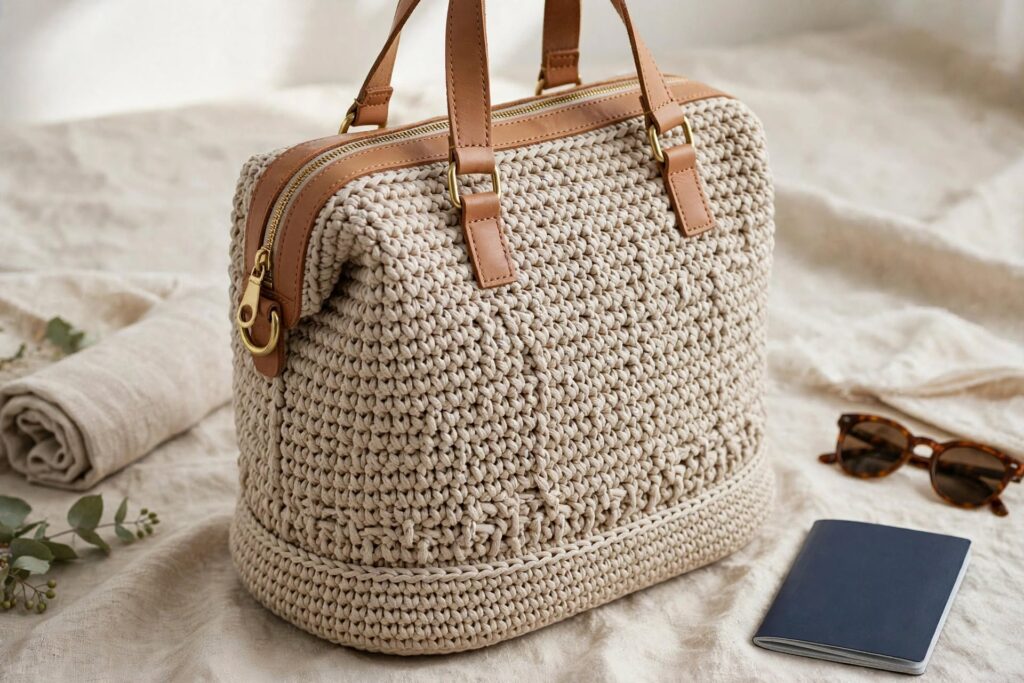 Beautiful structured crochet duffel bag beige cotton cord firm base tan leather handles brass zipper D-rings travel styled boutique