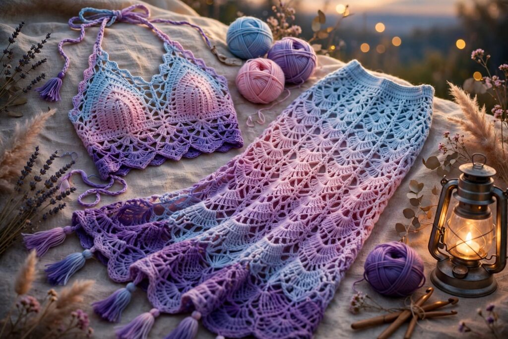 Colorful crochet dress with floral granny squares flower moved to chest relocation wearable botany built bloom petal by petal heartbeat