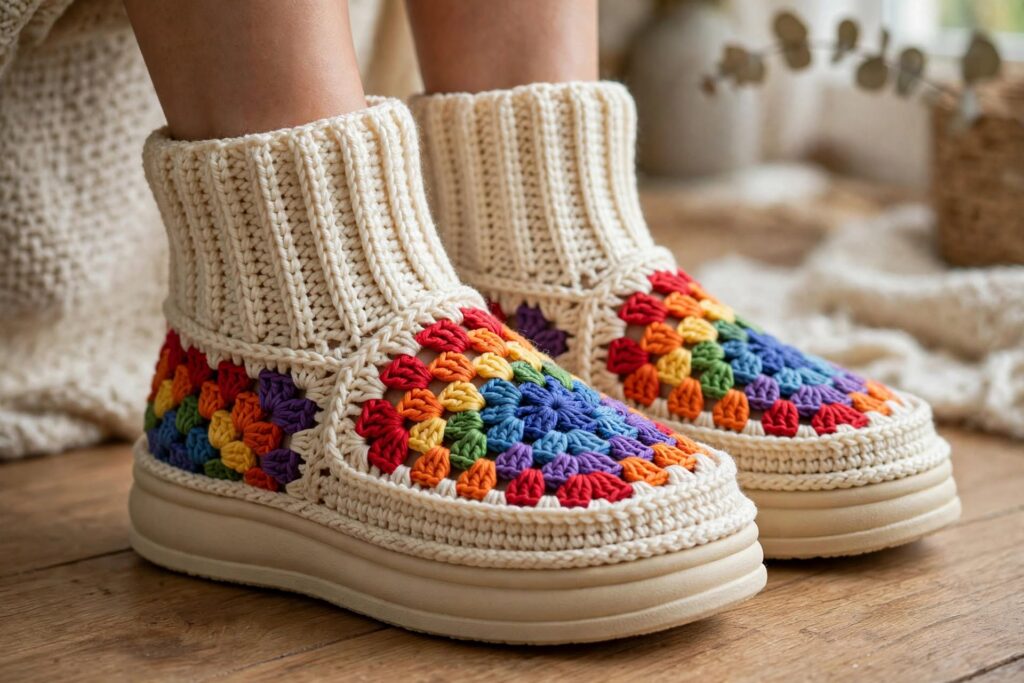 Easy crochet slippers granny square rainbow cream edging ribbed ankle cuff thick doubled sole 8mm stay on feet wooden floor