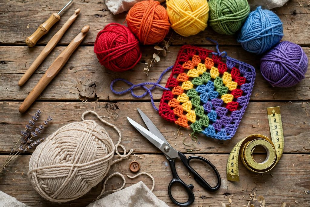 Flat lay crochet materials hooks worsted weight rainbow yarn granny square scissors measuring tape wooden table
