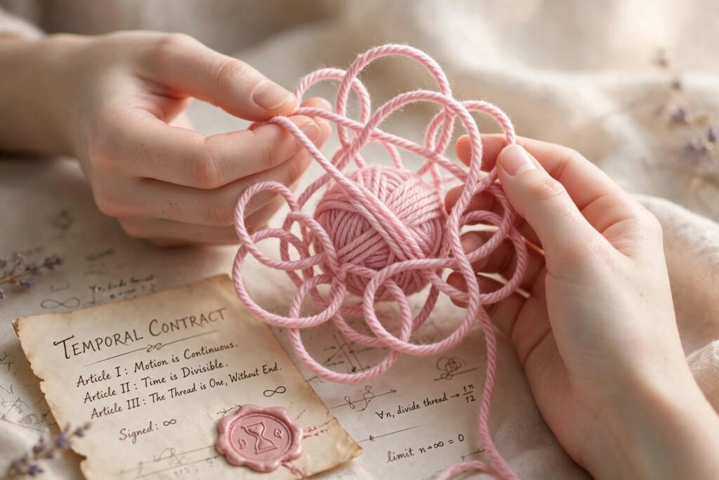 Soft pink yarn ball with crochet hook on wood — yarn is liar temporal contract single continuous line mathematically infinite loop within loop topological miracle