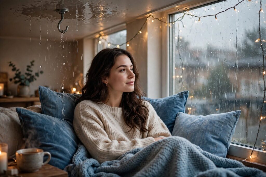Woman relaxing by a rainy window with fairy lights, a cozy blanket, and blue pillows