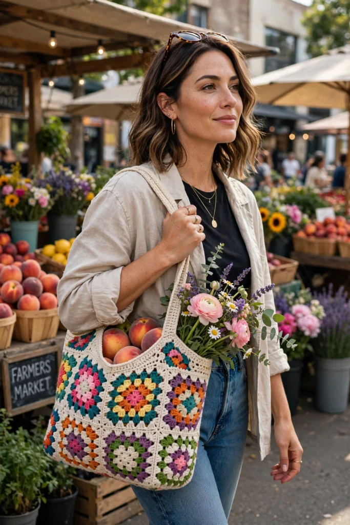 Finished easy granny square bag beginner crochet pattern with colorful cotton squares 3x3 panels