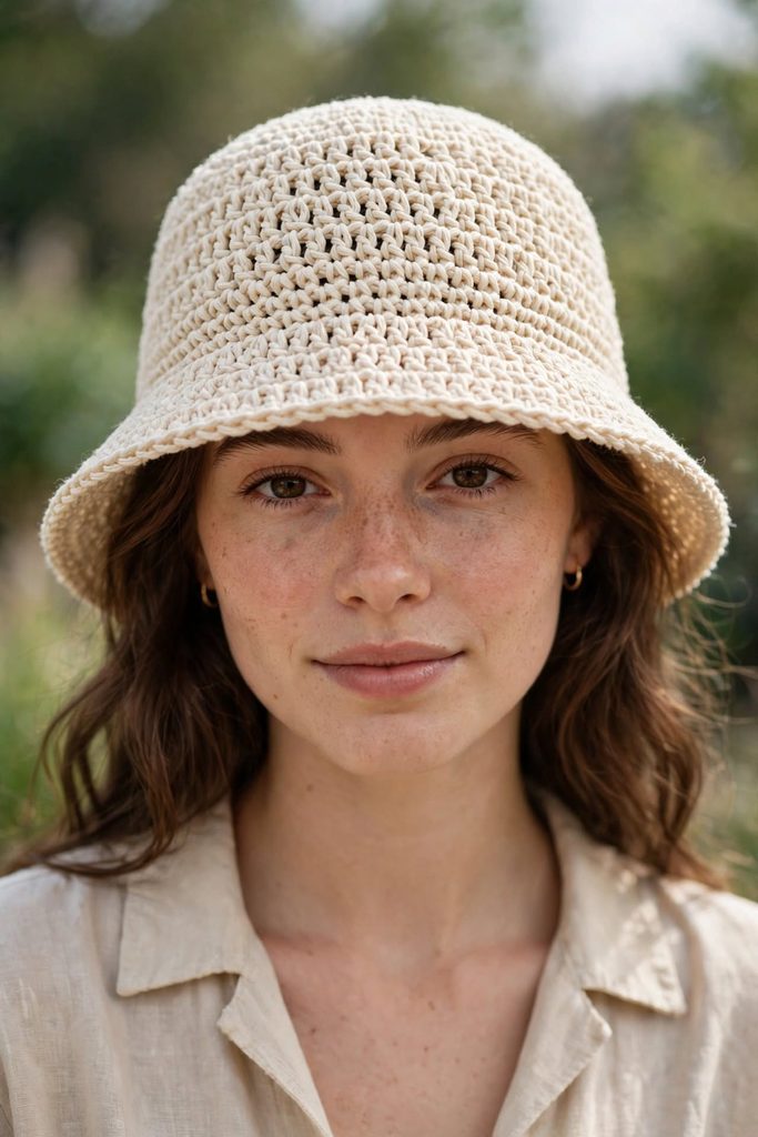 textured cream cotton crochet bucket hat adult large front view on model woman natural light fpsc texture