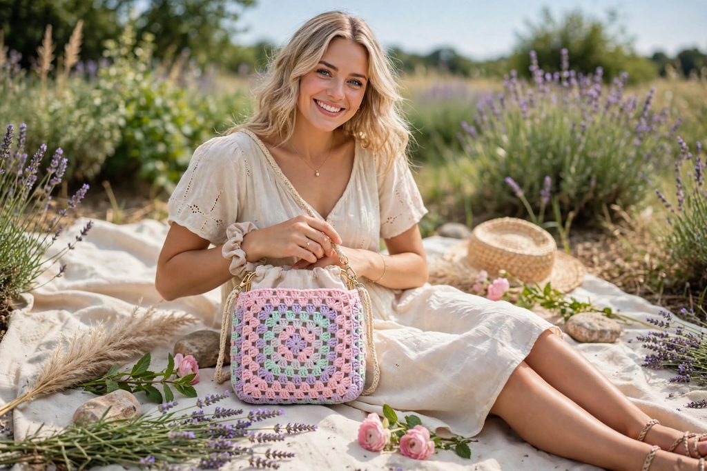 Pastel pink lavender mint granny square crochet purse on picnic blanket with lavender flowers, woman full head visible smiling