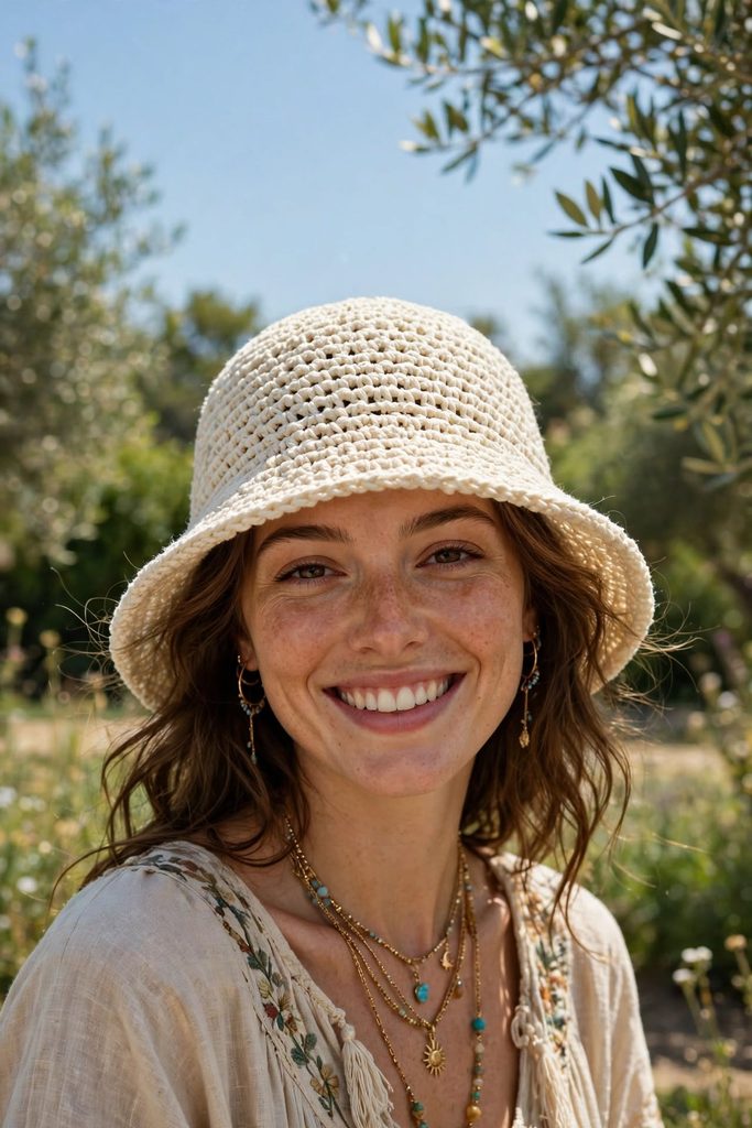 woman smiling wearing cream crochet bucket hat with full head visible, boho outfit outdoors
